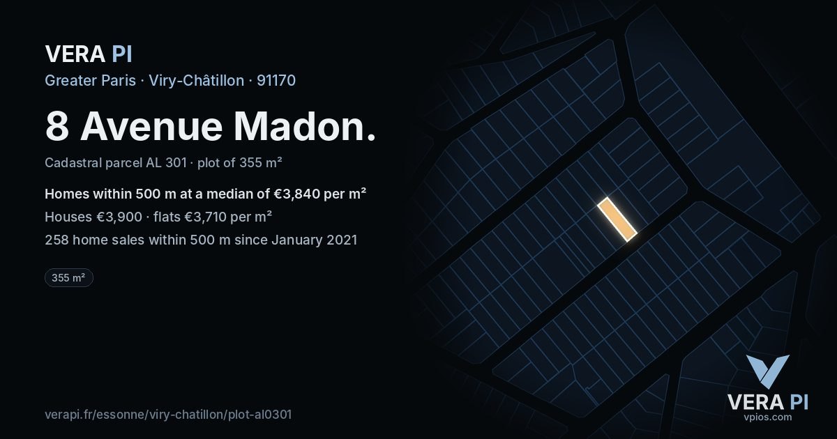 8 Avenue Madon, Viry-Châtillon at night – the plot lit, the parcels around coloured by the prices near them