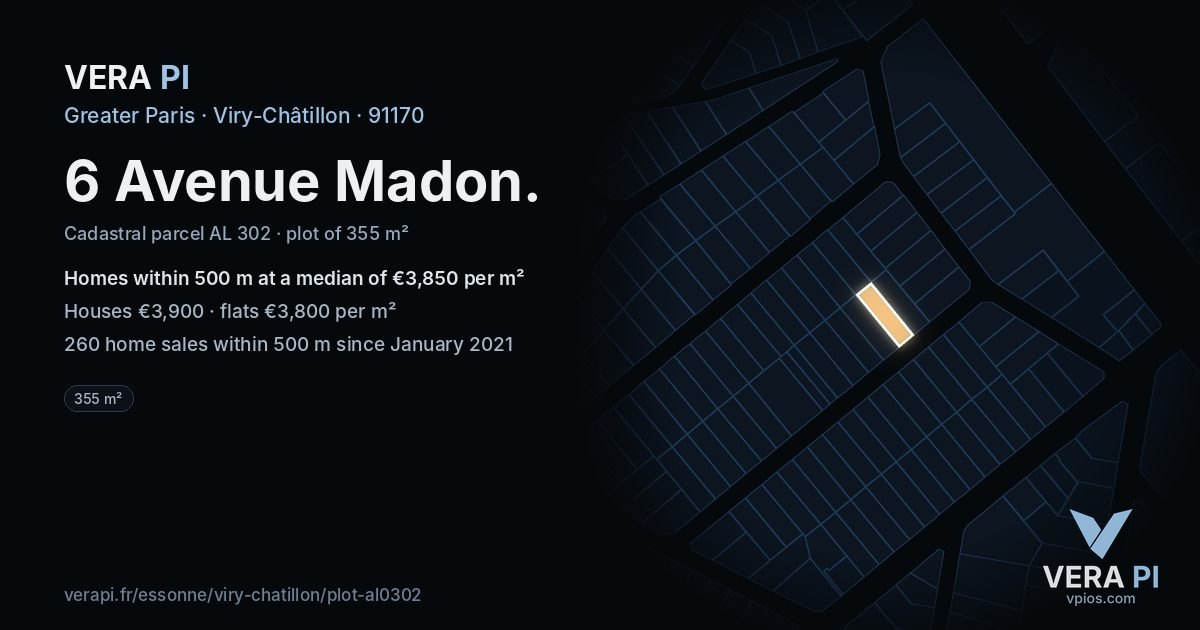 6 Avenue Madon, Viry-Châtillon at night – the plot lit, the parcels around coloured by the prices near them