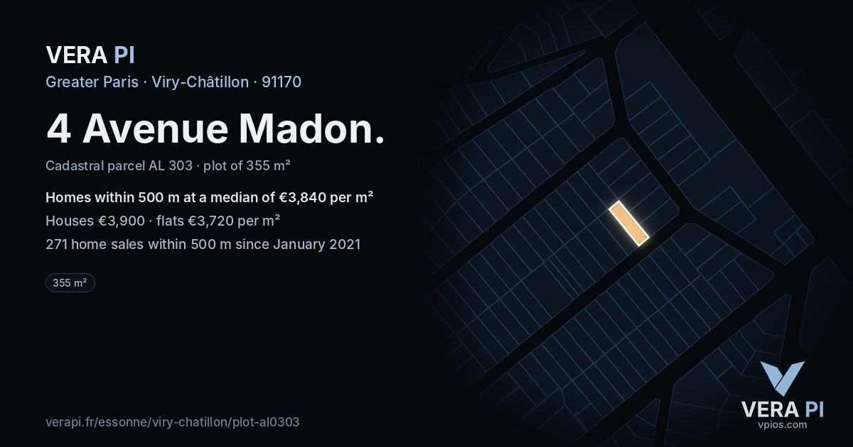 4 Avenue Madon, Viry-Châtillon at night – the plot lit, the parcels around coloured by the prices near them
