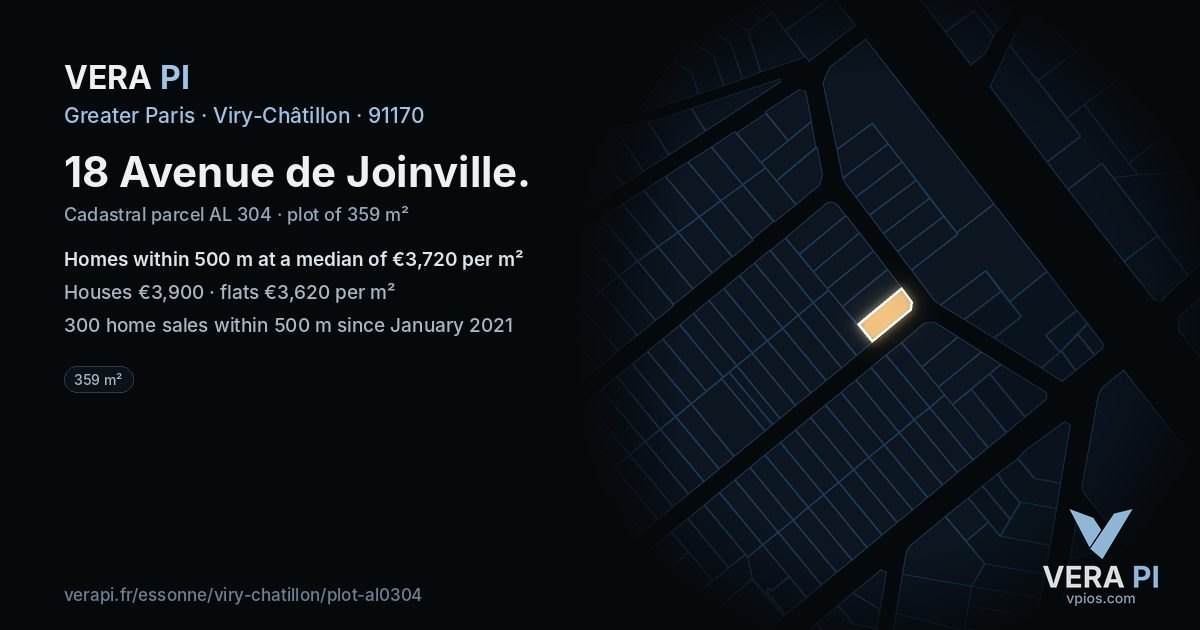 18 Avenue de Joinville, Viry-Châtillon at night – the plot lit, the parcels around coloured by the prices near them