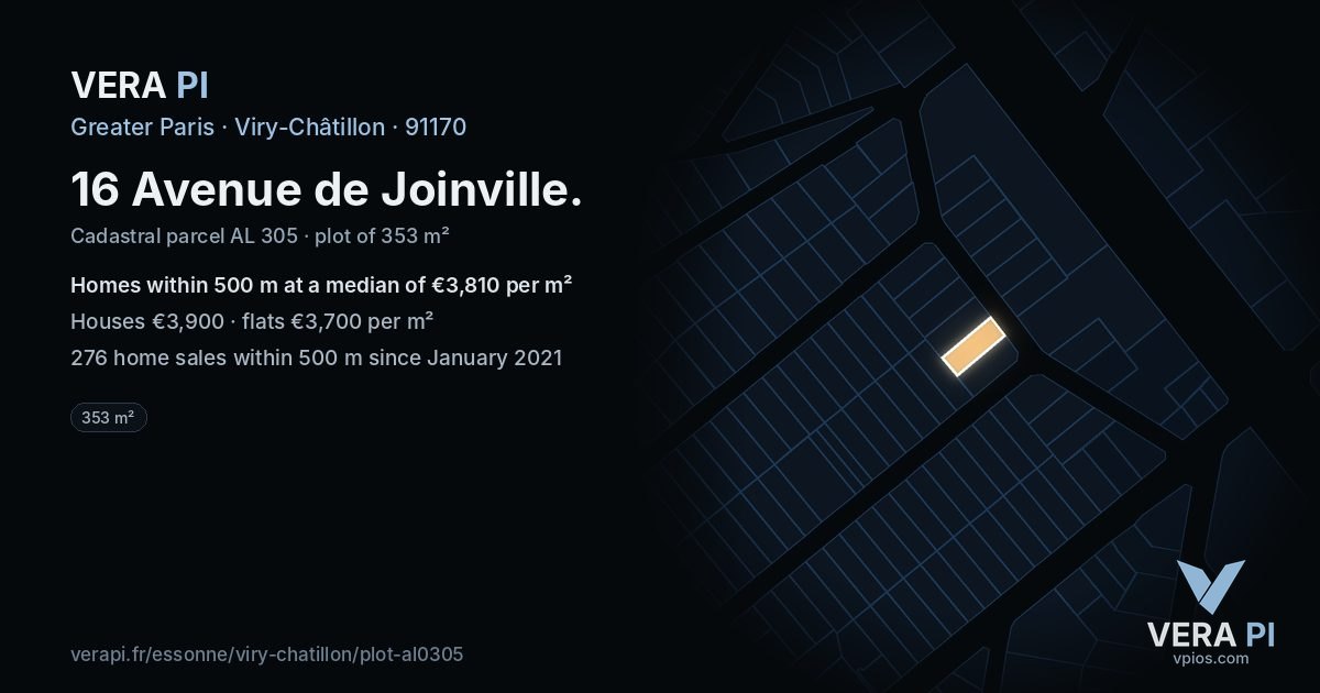 16 Avenue de Joinville, Viry-Châtillon at night – the plot lit, the parcels around coloured by the prices near them
