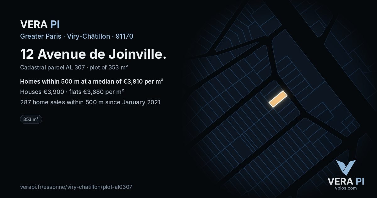 12 Avenue de Joinville, Viry-Châtillon at night – the plot lit, the parcels around coloured by the prices near them
