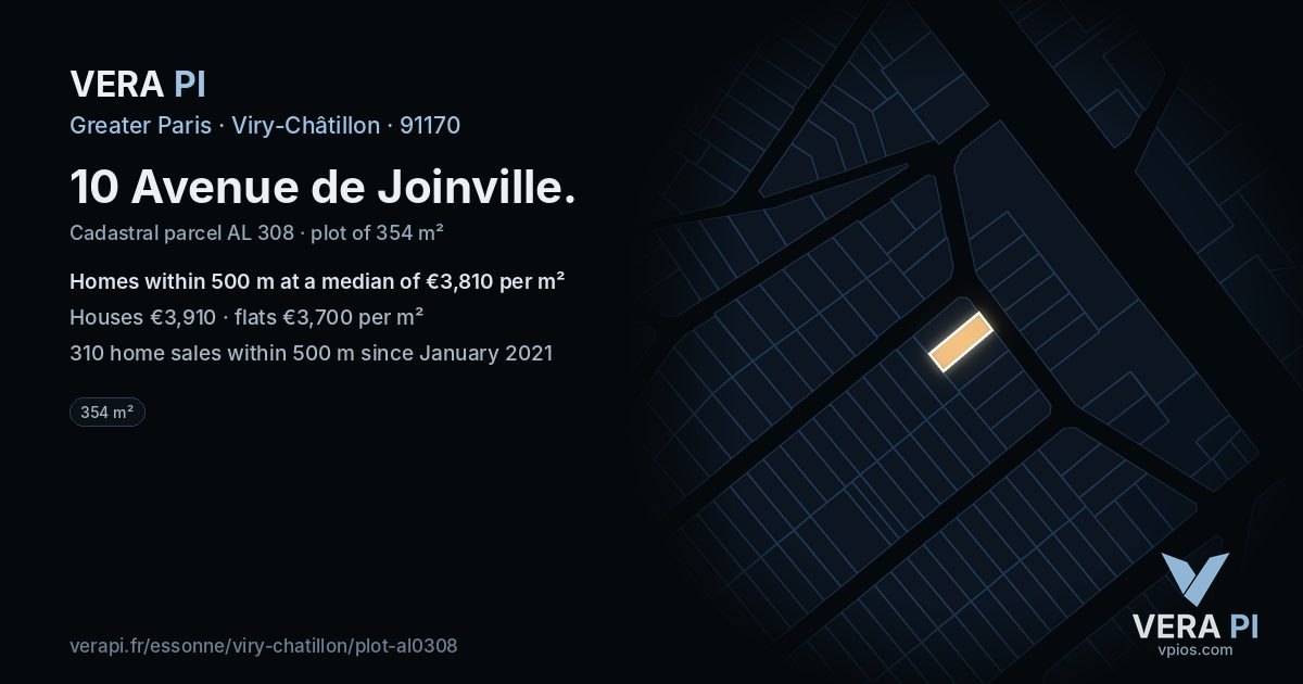 10 Avenue de Joinville, Viry-Châtillon at night – the plot lit, the parcels around coloured by the prices near them