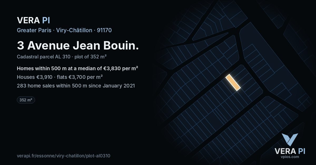 3 Avenue Jean Bouin, Viry-Châtillon at night – the plot lit, the parcels around coloured by the prices near them