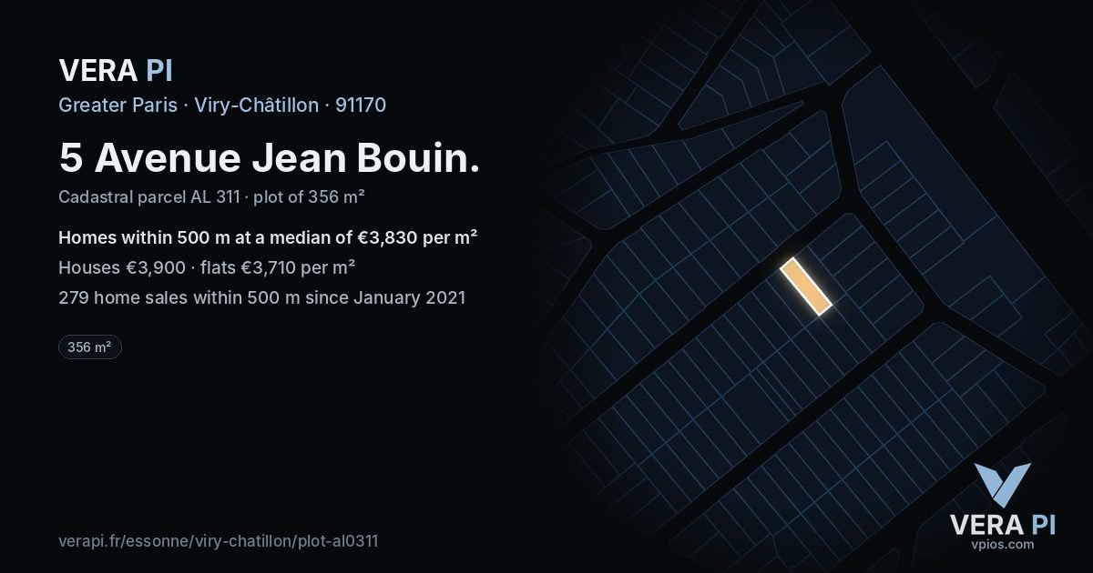 5 Avenue Jean Bouin, Viry-Châtillon at night – the plot lit, the parcels around coloured by the prices near them