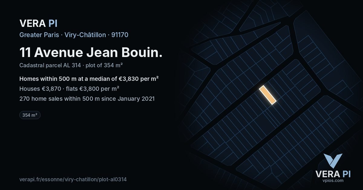 11 Avenue Jean Bouin, Viry-Châtillon at night – the plot lit, the parcels around coloured by the prices near them