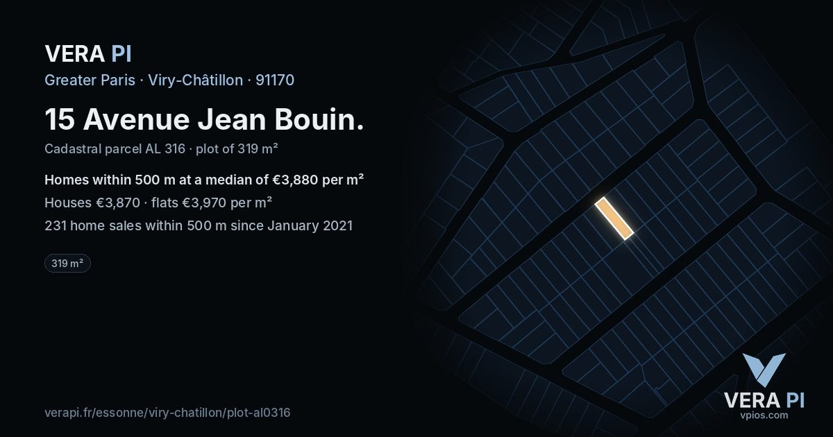 15 Avenue Jean Bouin, Viry-Châtillon at night – the plot lit, the parcels around coloured by the prices near them