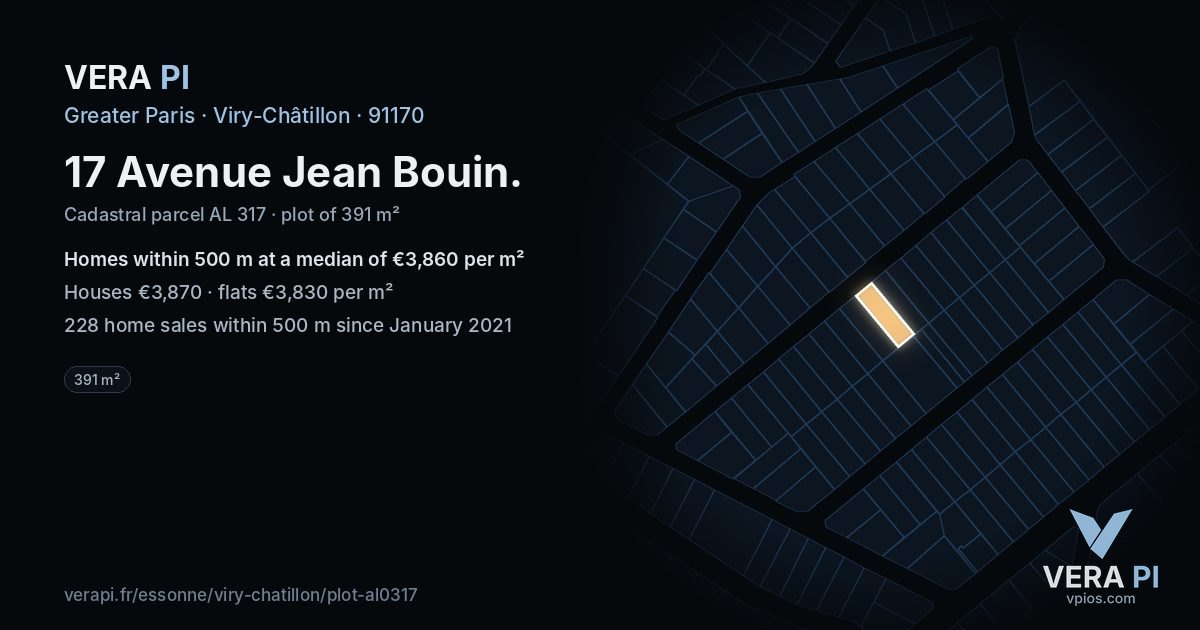 17 Avenue Jean Bouin, Viry-Châtillon at night – the plot lit, the parcels around coloured by the prices near them