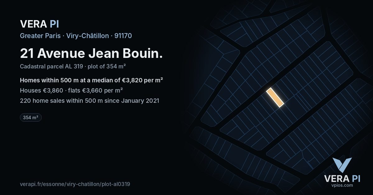21 Avenue Jean Bouin, Viry-Châtillon at night – the plot lit, the parcels around coloured by the prices near them