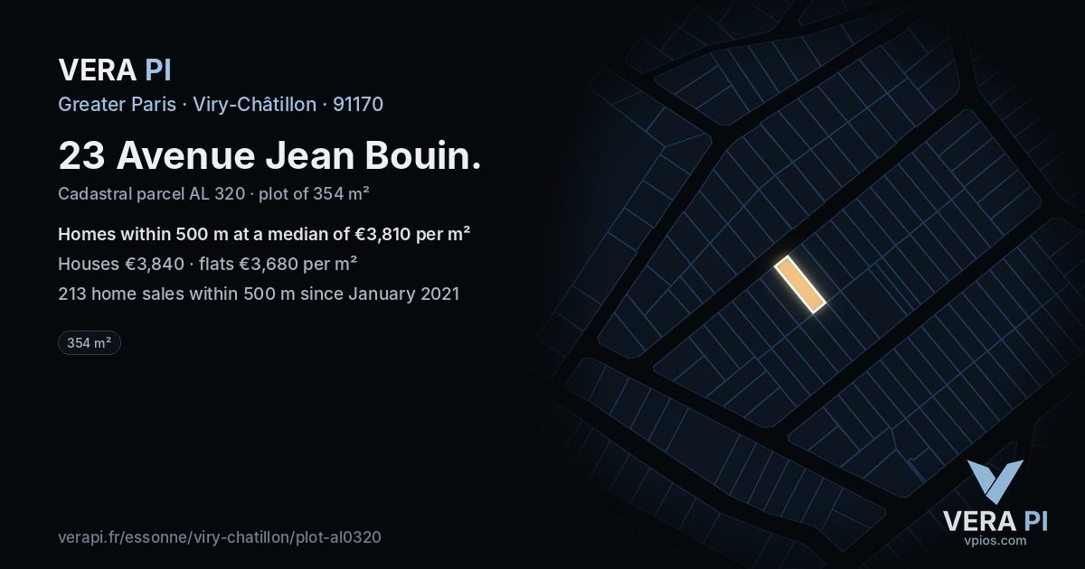 23 Avenue Jean Bouin, Viry-Châtillon at night – the plot lit, the parcels around coloured by the prices near them
