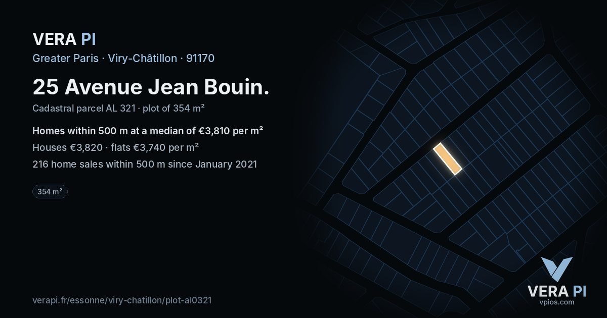 25 Avenue Jean Bouin, Viry-Châtillon at night – the plot lit, the parcels around coloured by the prices near them