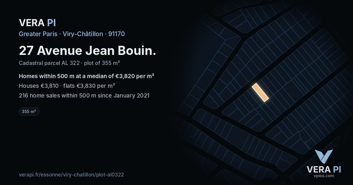 27 Avenue Jean Bouin, Viry-Châtillon at night – the plot lit, the parcels around coloured by the prices near them
