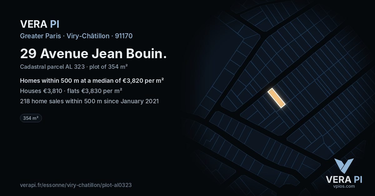 29 Avenue Jean Bouin, Viry-Châtillon at night – the plot lit, the parcels around coloured by the prices near them