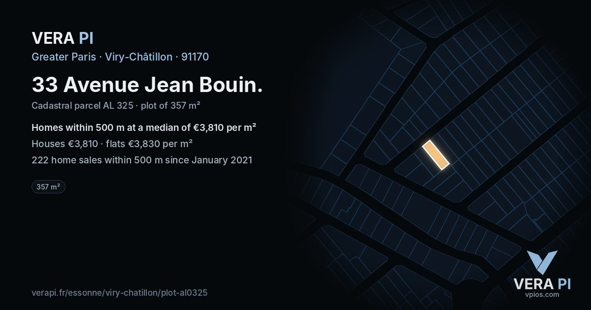 33 Avenue Jean Bouin, Viry-Châtillon at night – the plot lit, the parcels around coloured by the prices near them