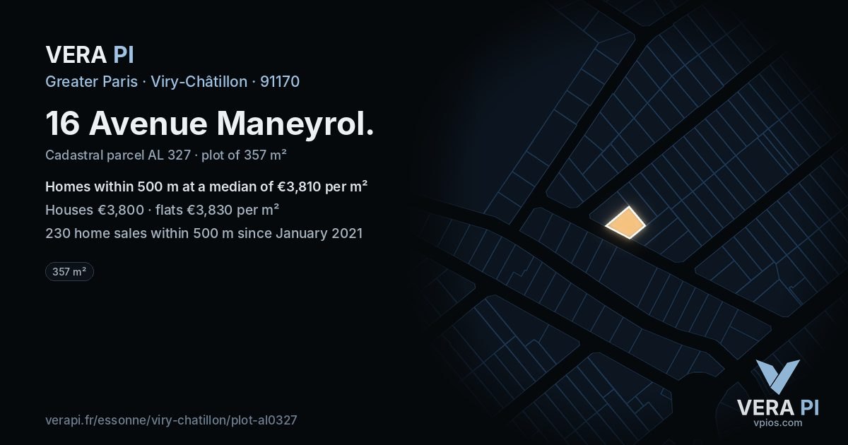 16 Avenue Maneyrol, Viry-Châtillon at night – the plot lit, the parcels around coloured by the prices near them