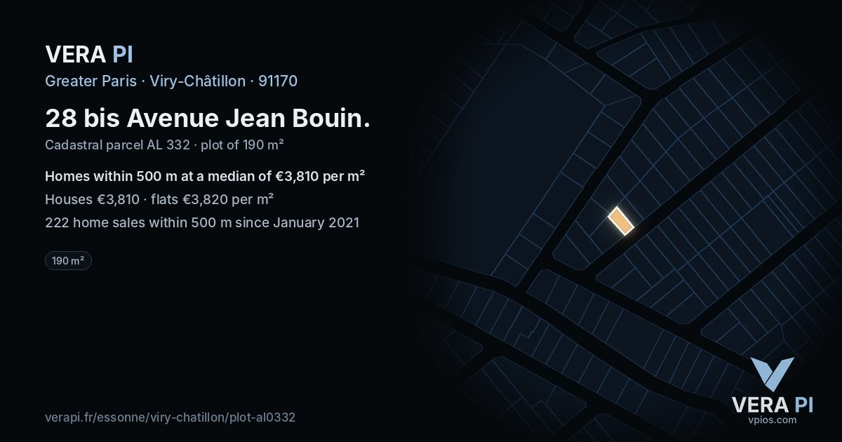 28 bis Avenue Jean Bouin, Viry-Châtillon at night – the plot lit, the parcels around coloured by the prices near them