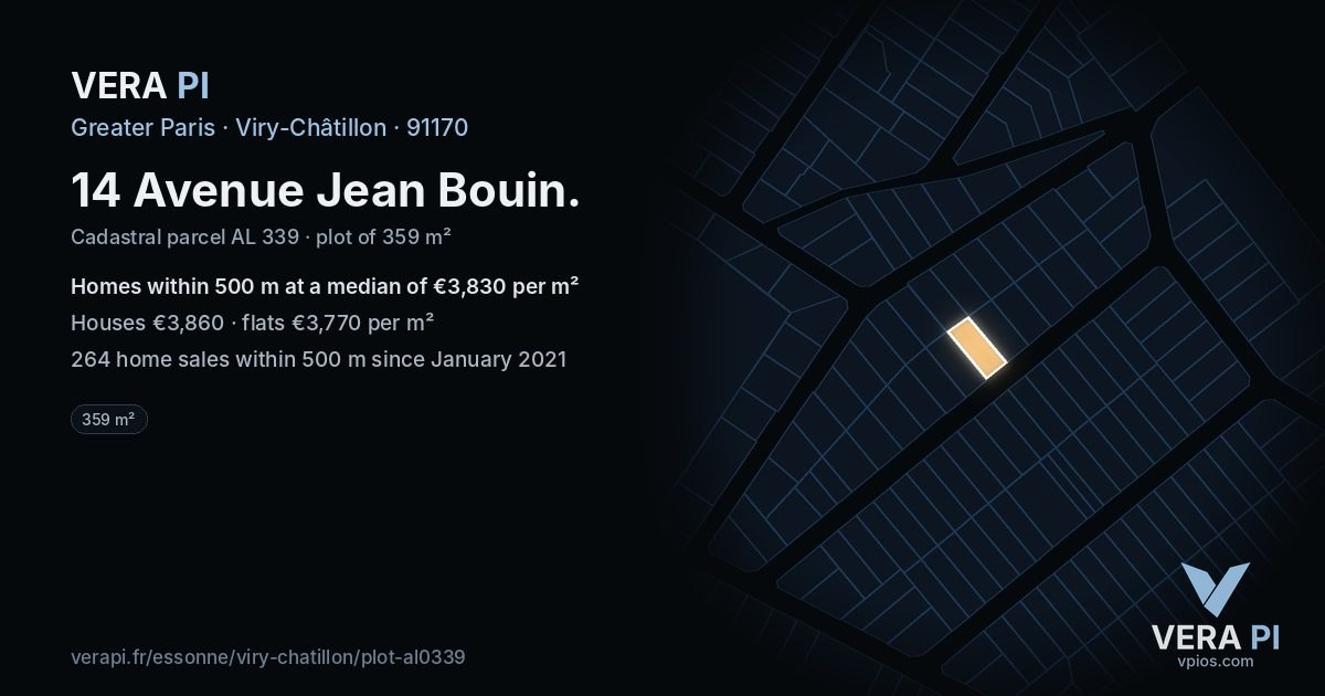 14 Avenue Jean Bouin, Viry-Châtillon at night – the plot lit, the parcels around coloured by the prices near them