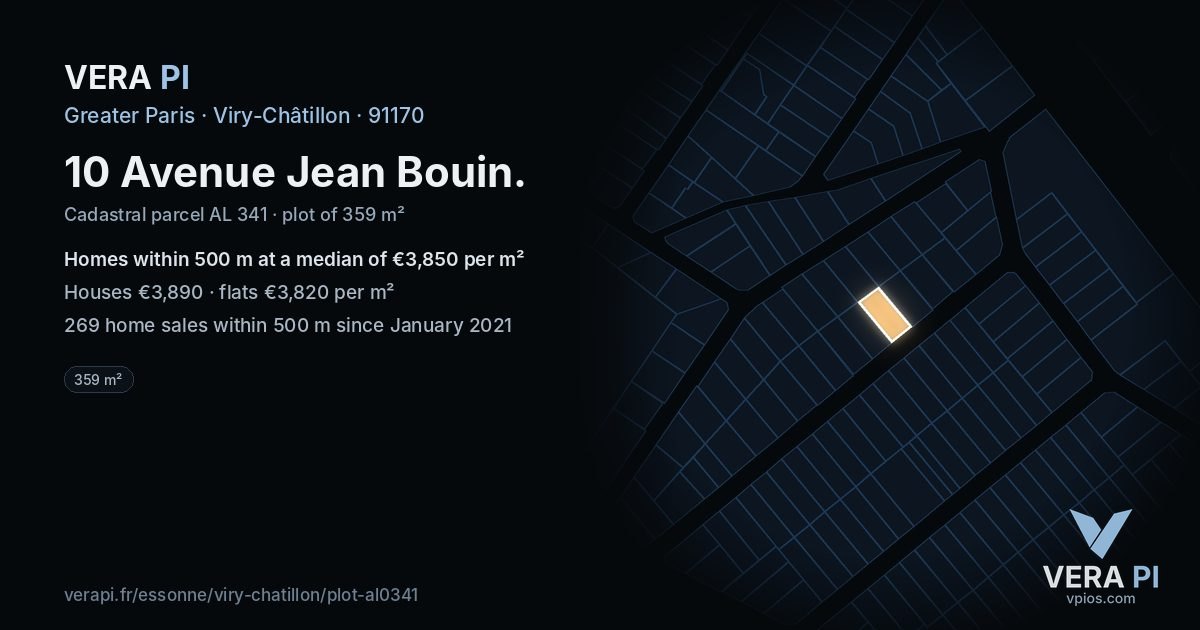 10 Avenue Jean Bouin, Viry-Châtillon at night – the plot lit, the parcels around coloured by the prices near them