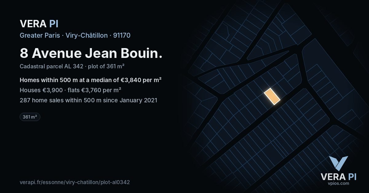 8 Avenue Jean Bouin, Viry-Châtillon at night – the plot lit, the parcels around coloured by the prices near them