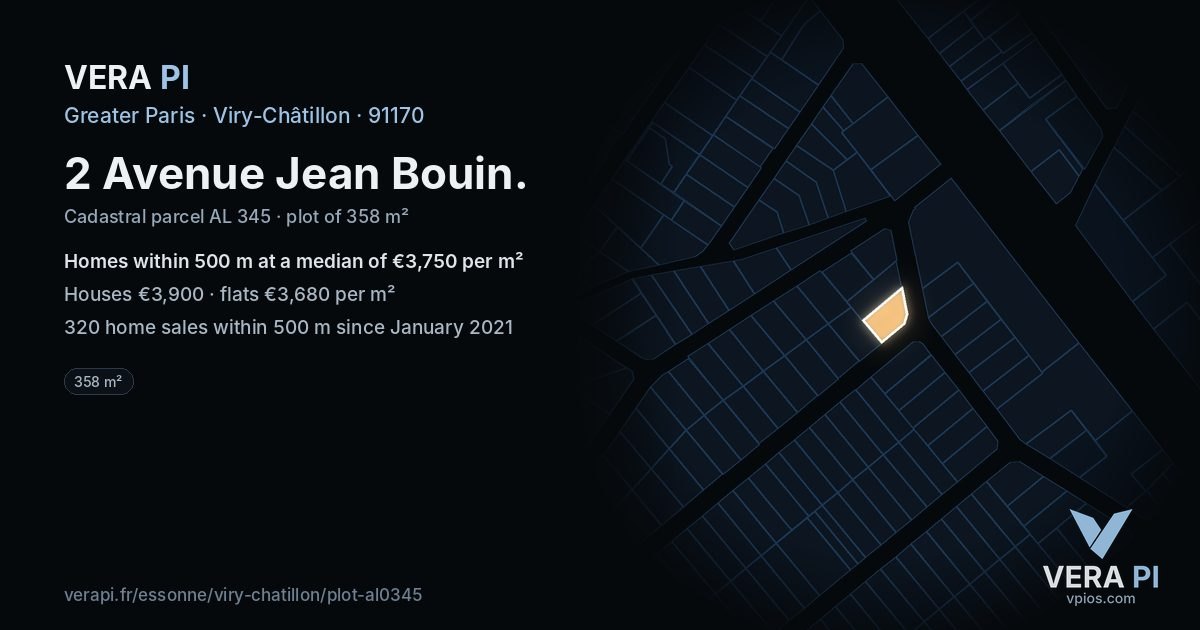 2 Avenue Jean Bouin, Viry-Châtillon at night – the plot lit, the parcels around coloured by the prices near them
