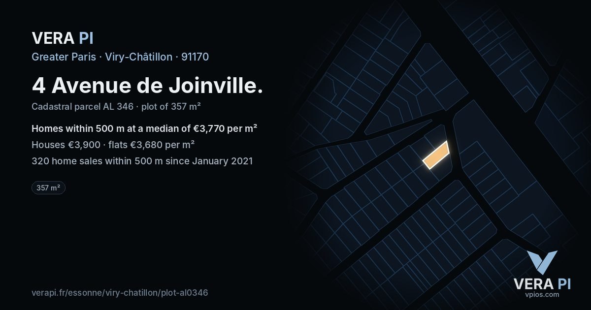 4 Avenue de Joinville, Viry-Châtillon at night – the plot lit, the parcels around coloured by the prices near them