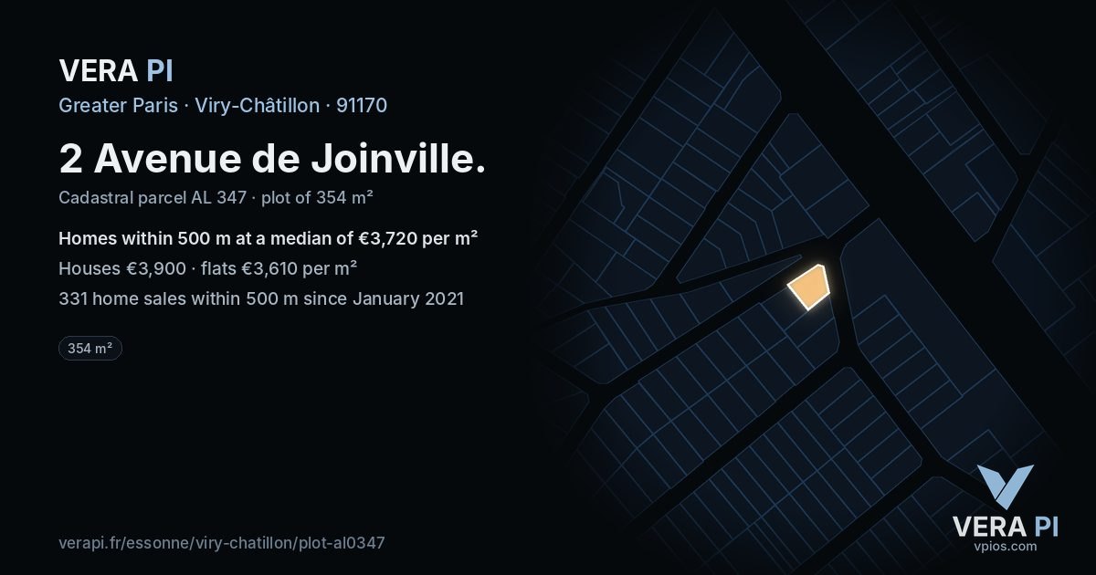 2 Avenue de Joinville, Viry-Châtillon at night – the plot lit, the parcels around coloured by the prices near them