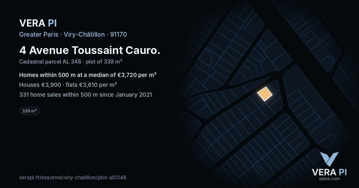 4 Avenue Toussaint Cauro, Viry-Châtillon at night – the plot lit, the parcels around coloured by the prices near them