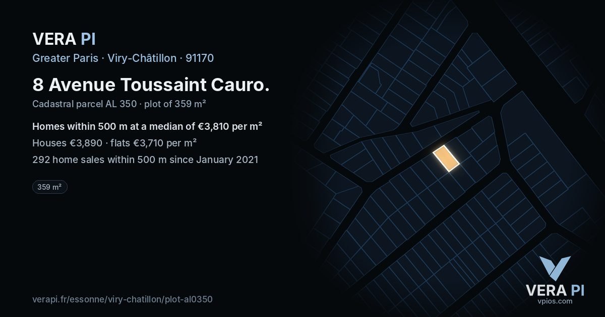 8 Avenue Toussaint Cauro, Viry-Châtillon at night – the plot lit, the parcels around coloured by the prices near them