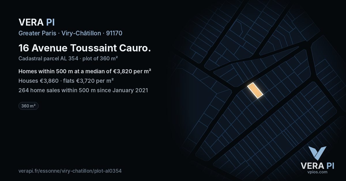 16 Avenue Toussaint Cauro, Viry-Châtillon at night – the plot lit, the parcels around coloured by the prices near them