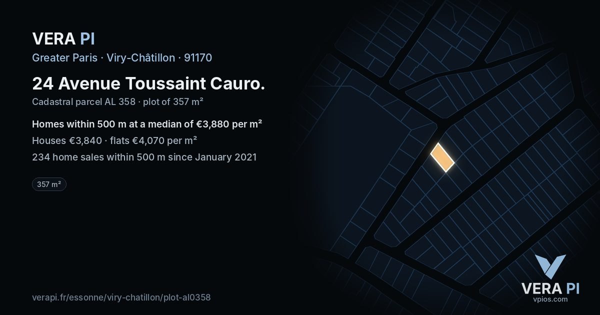 24 Avenue Toussaint Cauro, Viry-Châtillon at night – the plot lit, the parcels around coloured by the prices near them