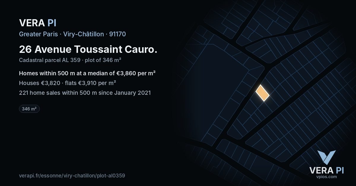 26 Avenue Toussaint Cauro, Viry-Châtillon at night – the plot lit, the parcels around coloured by the prices near them