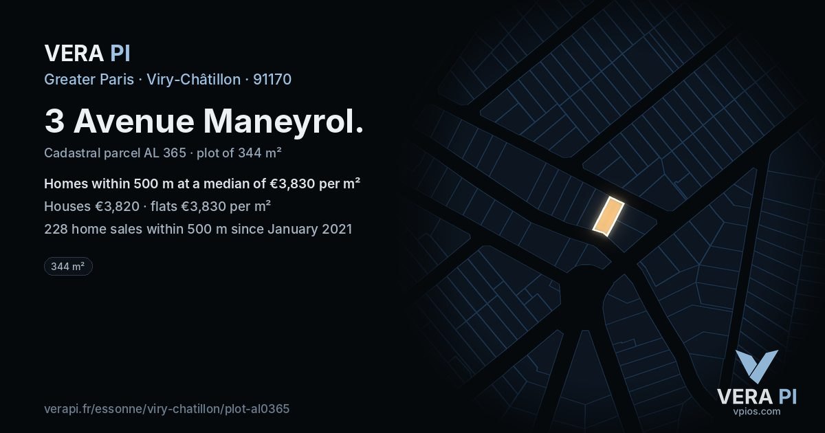 3 Avenue Maneyrol, Viry-Châtillon at night – the plot lit, the parcels around coloured by the prices near them
