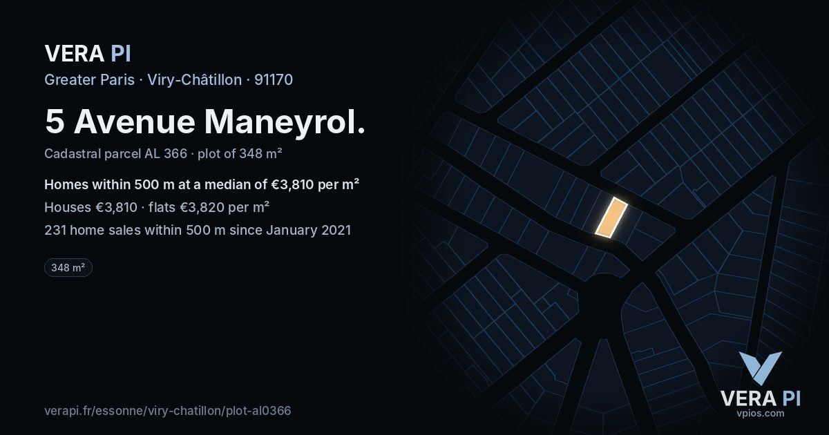 5 Avenue Maneyrol, Viry-Châtillon at night – the plot lit, the parcels around coloured by the prices near them