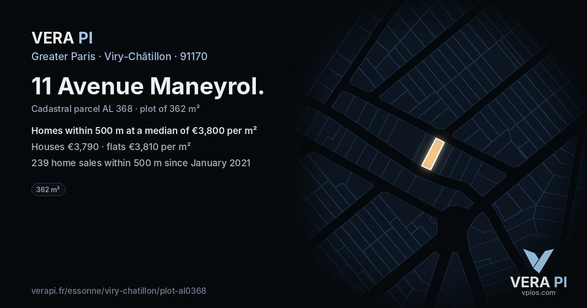 11 Avenue Maneyrol, Viry-Châtillon at night – the plot lit, the parcels around coloured by the prices near them