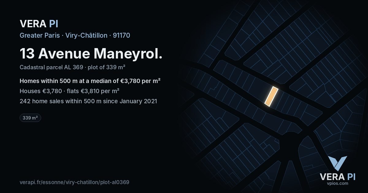 13 Avenue Maneyrol, Viry-Châtillon at night – the plot lit, the parcels around coloured by the prices near them