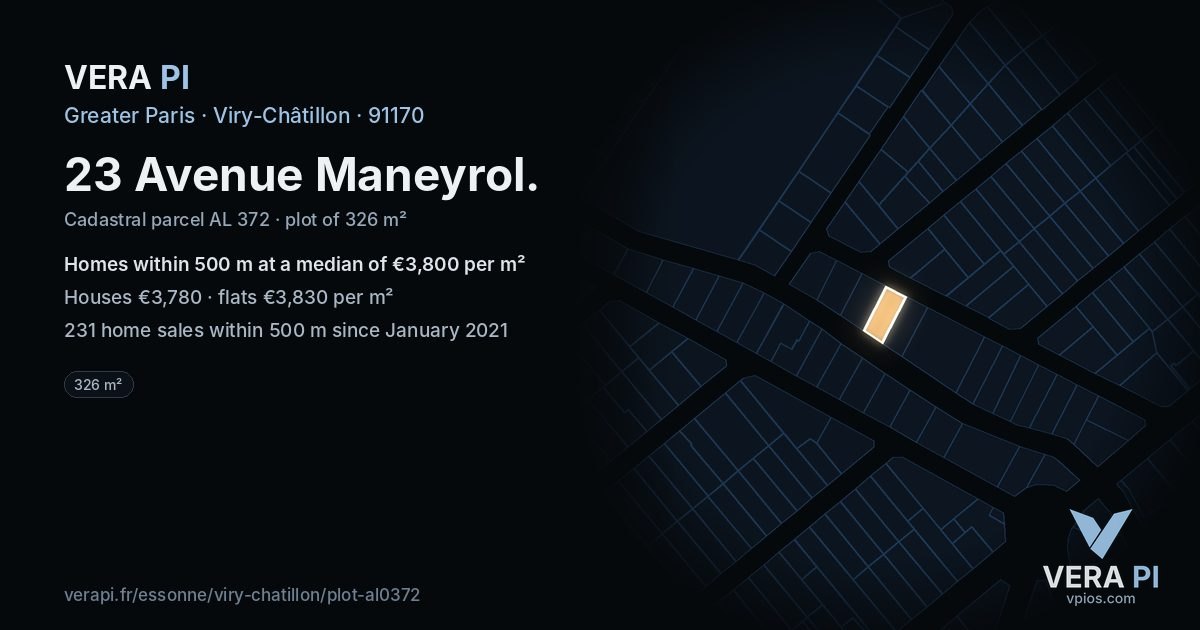 23 Avenue Maneyrol, Viry-Châtillon at night – the plot lit, the parcels around coloured by the prices near them