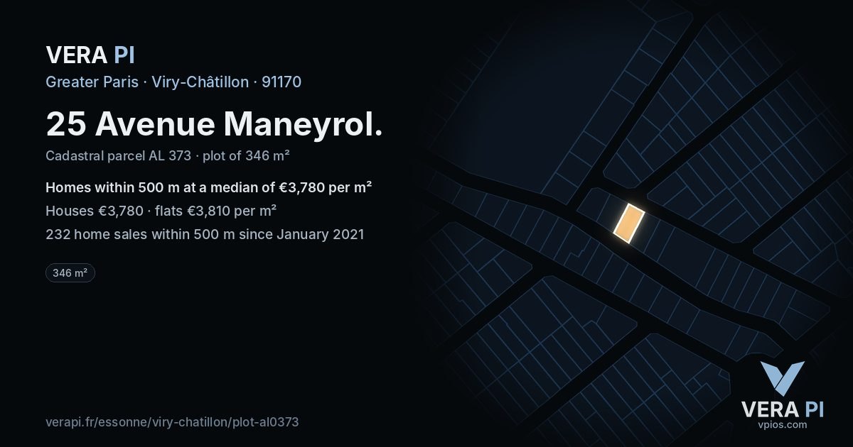 25 Avenue Maneyrol, Viry-Châtillon at night – the plot lit, the parcels around coloured by the prices near them