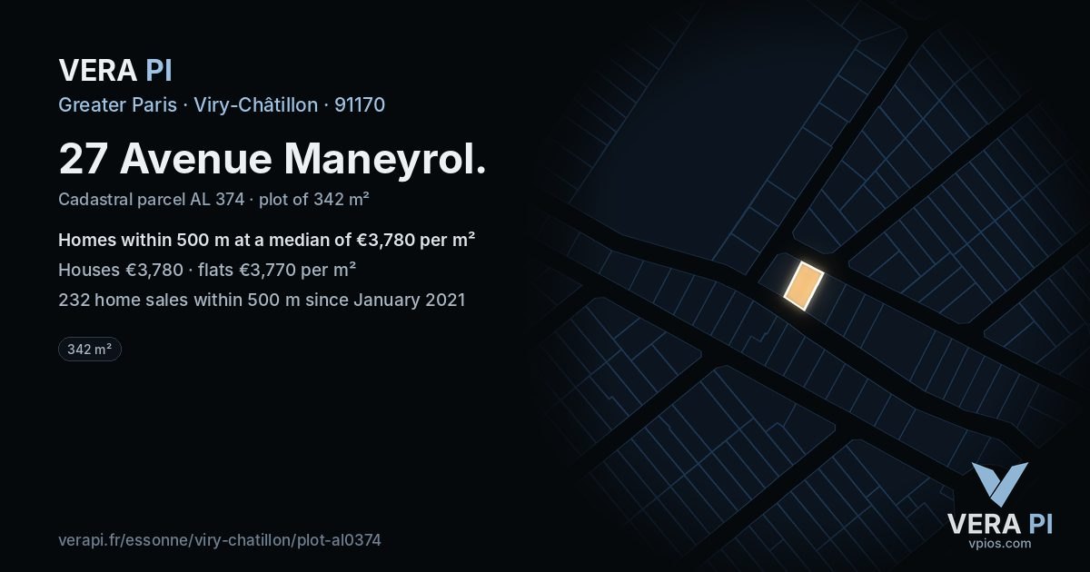 27 Avenue Maneyrol, Viry-Châtillon at night – the plot lit, the parcels around coloured by the prices near them