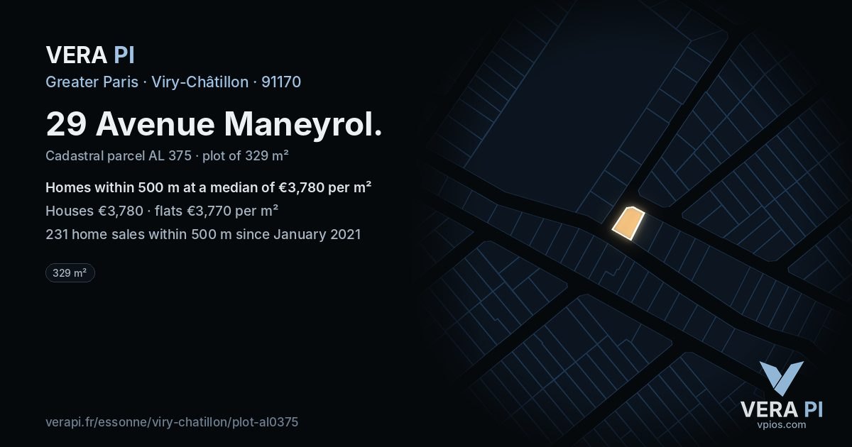 29 Avenue Maneyrol, Viry-Châtillon at night – the plot lit, the parcels around coloured by the prices near them