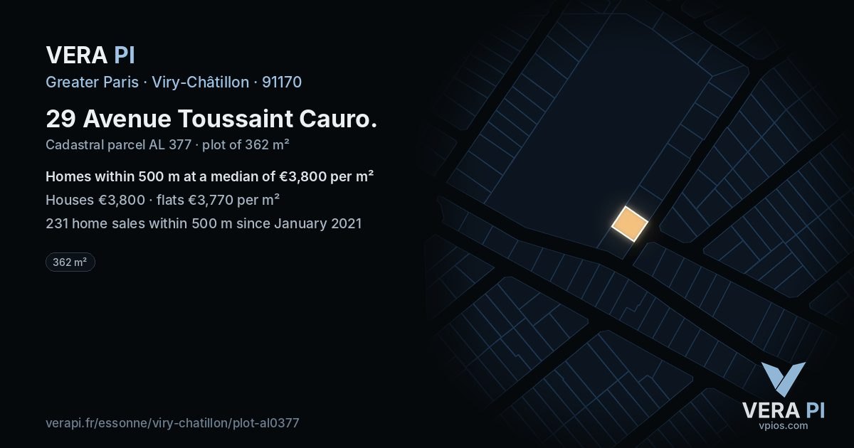 29 Avenue Toussaint Cauro, Viry-Châtillon at night – the plot lit, the parcels around coloured by the prices near them