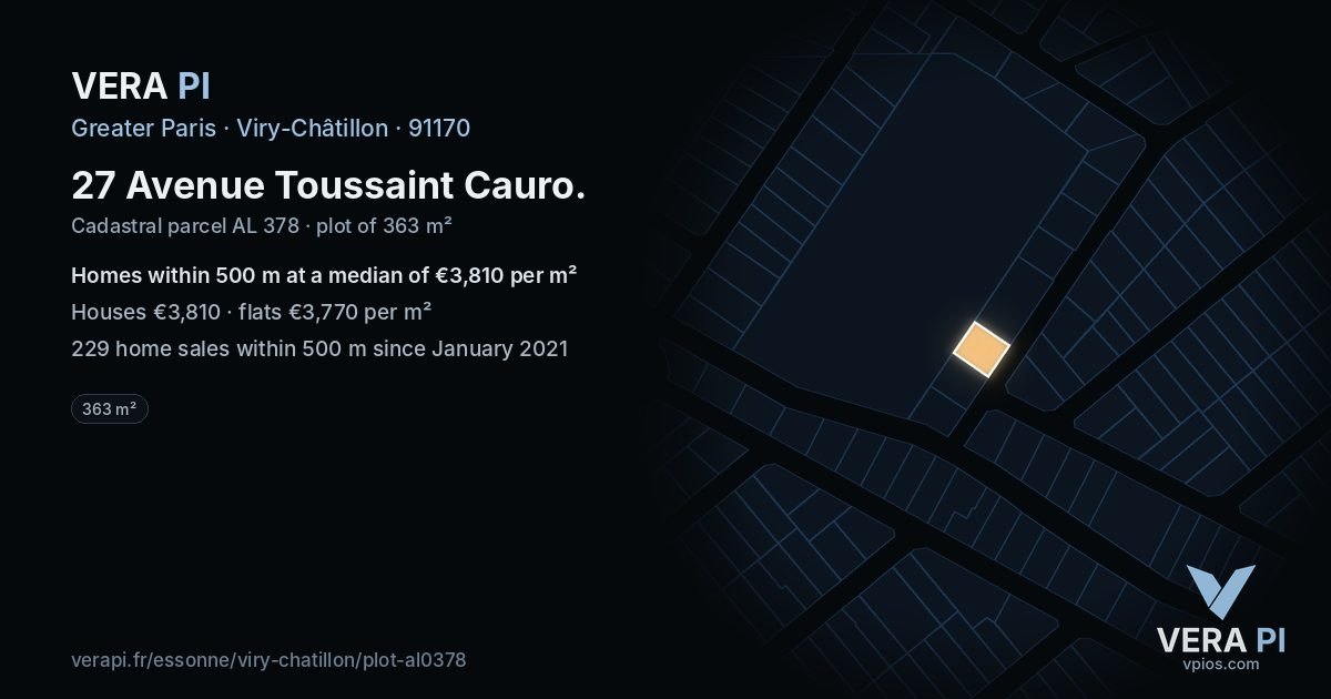 27 Avenue Toussaint Cauro, Viry-Châtillon at night – the plot lit, the parcels around coloured by the prices near them