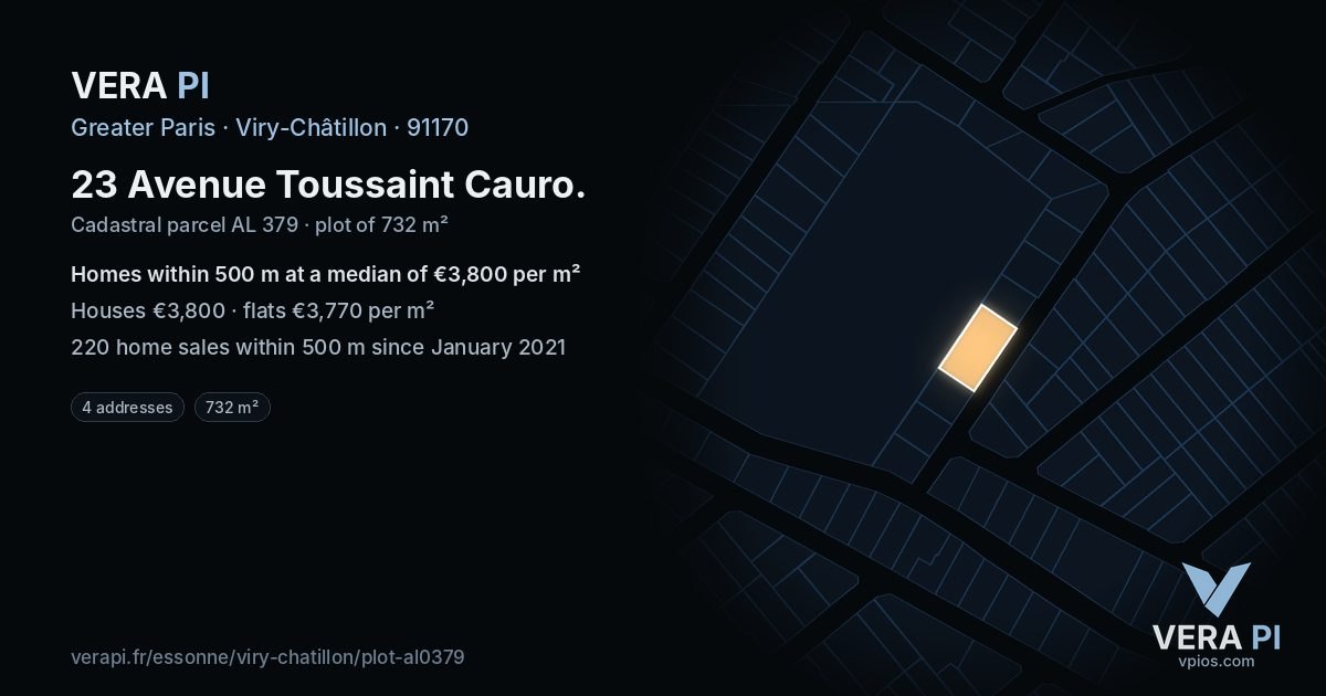 23 Avenue Toussaint Cauro, Viry-Châtillon at night – the plot lit, the parcels around coloured by the prices near them