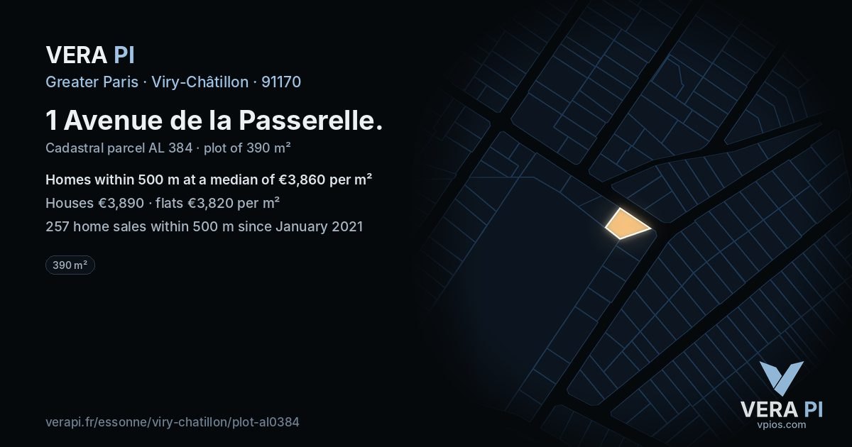 1 Avenue de la Passerelle, Viry-Châtillon at night – the plot lit, the parcels around coloured by the prices near them