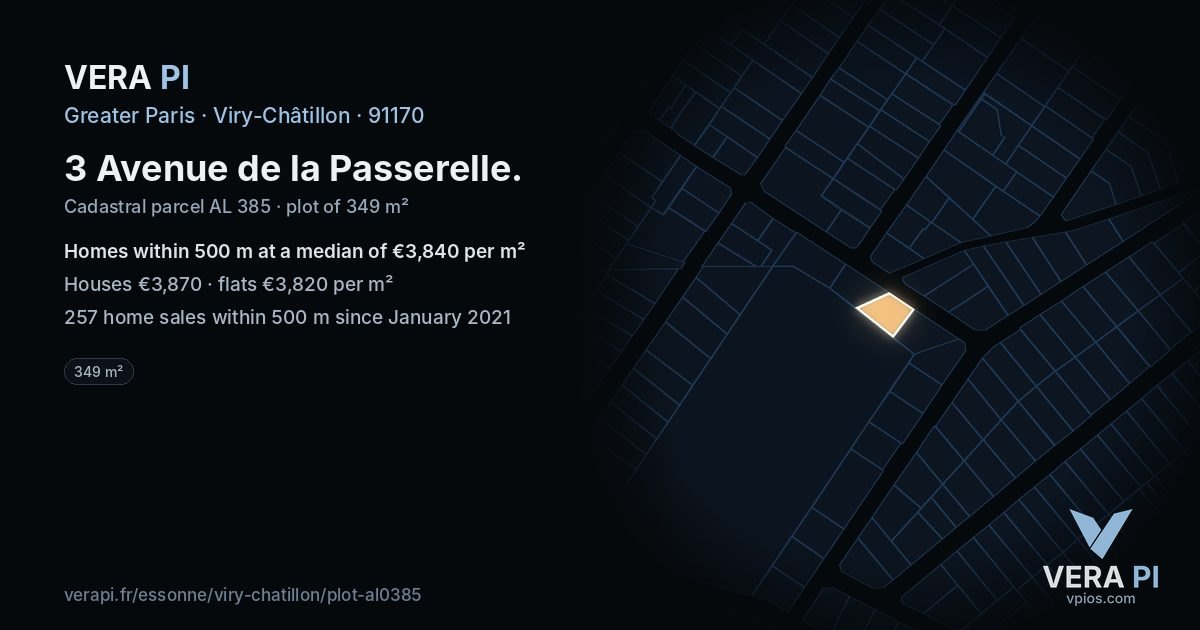 3 Avenue de la Passerelle, Viry-Châtillon at night – the plot lit, the parcels around coloured by the prices near them