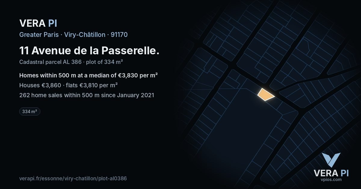 11 Avenue de la Passerelle, Viry-Châtillon at night – the plot lit, the parcels around coloured by the prices near them