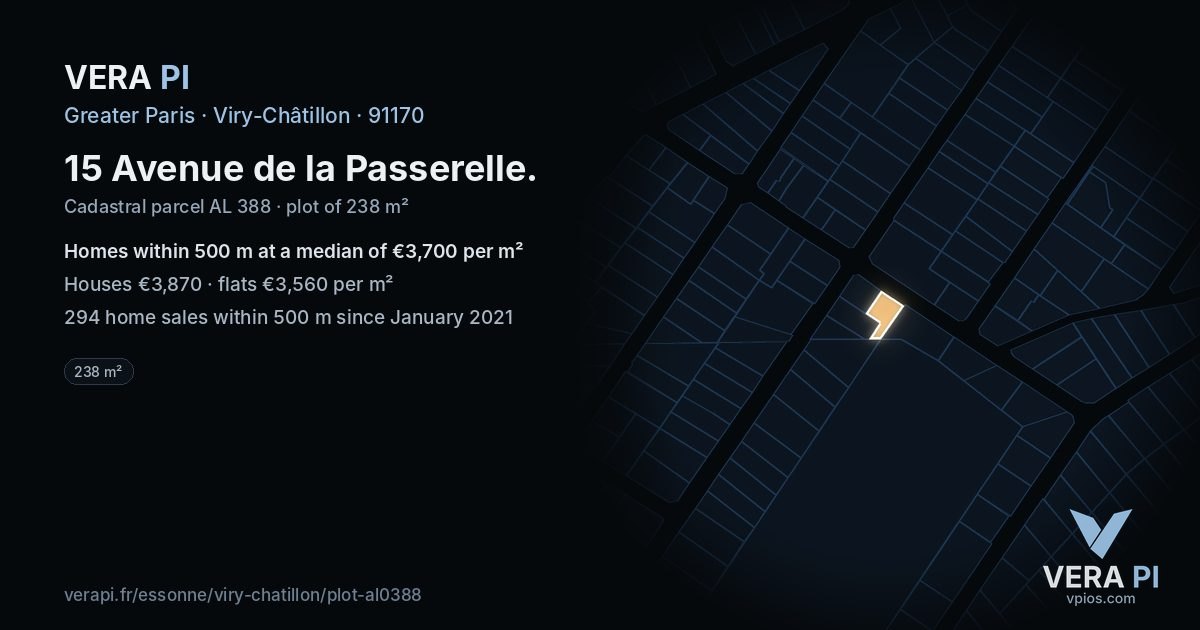 15 Avenue de la Passerelle, Viry-Châtillon at night – the plot lit, the parcels around coloured by the prices near them