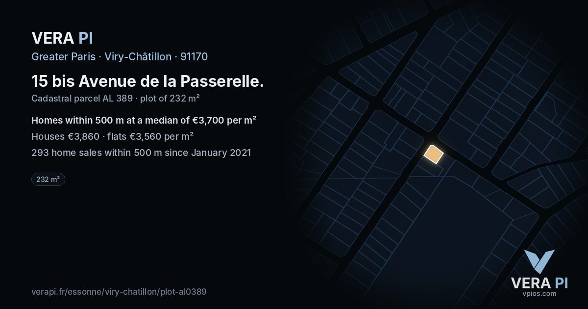15 bis Avenue de la Passerelle, Viry-Châtillon at night – the plot lit, the parcels around coloured by the prices near them