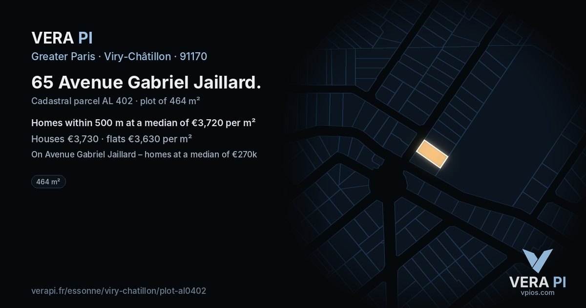 65 Avenue Gabriel Jaillard, Viry-Châtillon at night – the plot lit, the parcels around coloured by the prices near them