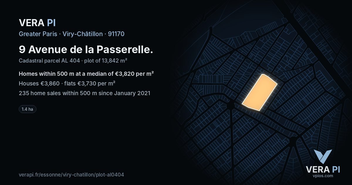 9 Avenue de la Passerelle, Viry-Châtillon at night – the plot lit, the parcels around coloured by the prices near them