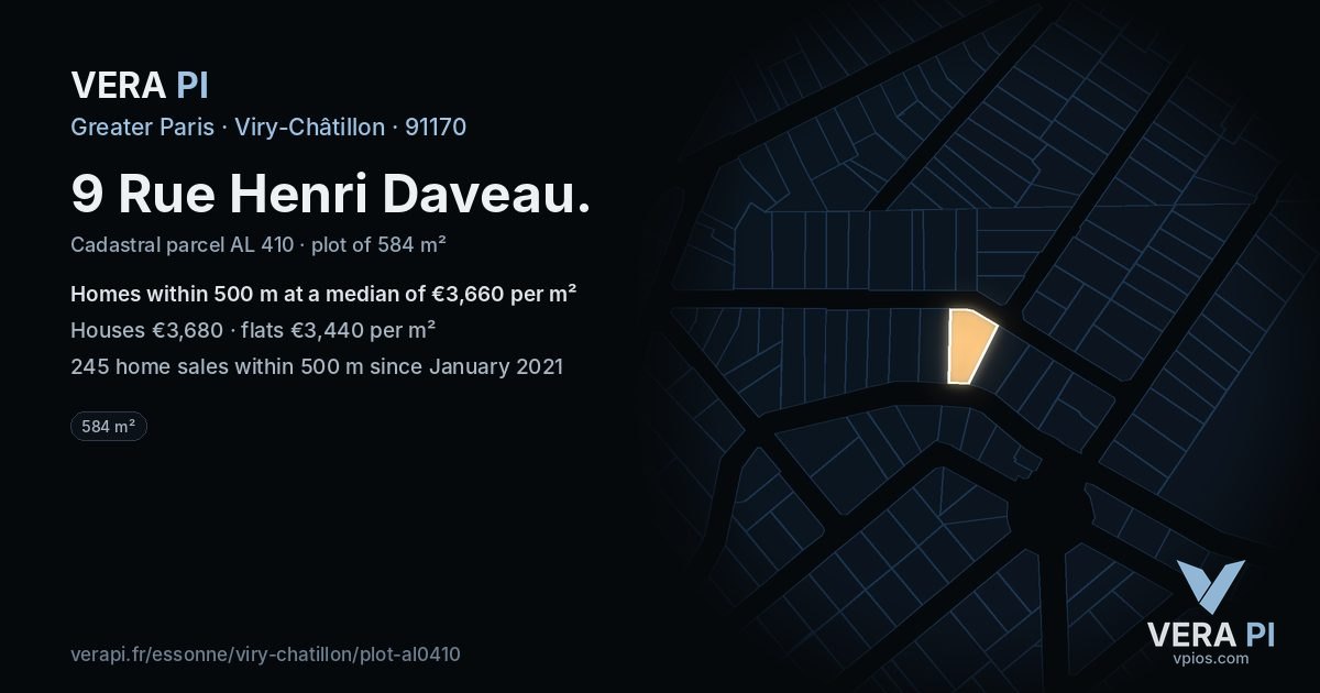 9 Rue Henri Daveau, Viry-Châtillon at night – the plot lit, the parcels around coloured by the prices near them